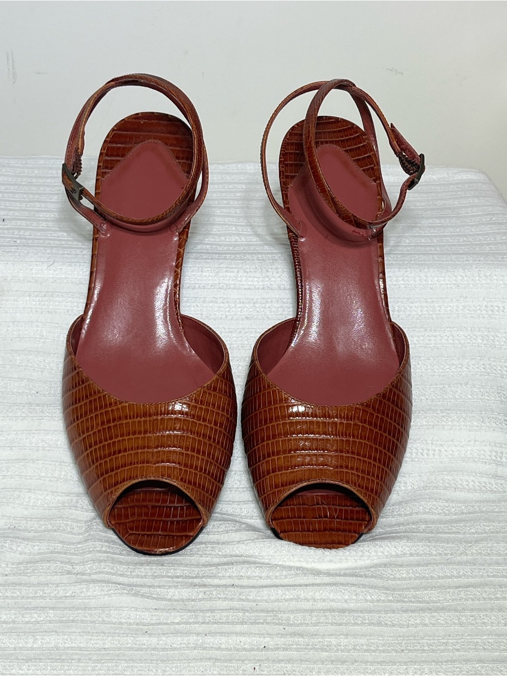Naturalizer Croc-Embossed Chestnut Peep-Toe Ankle Strap Heels-9.5M